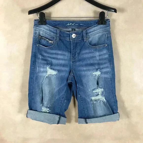 INC Cotton Curvy Distressed Shimmer Jean Bermuda Shorts - Picture 1 of 5
